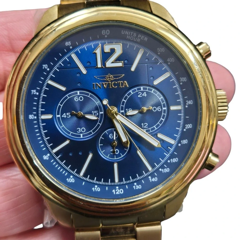 Invicta Aviator Men's Chronograph Watch 100m WR Gold w Blue Dial 28896 VIDEO